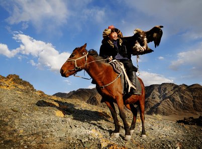 Mongolian man on a horse with an eagle