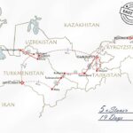 5 Stans Tour Map from East Site Travel, a Comprehensive 19-day Central Asia 5 Stans tour map routing through Kazakhstan, Kyrgyzstan, Uzbekistan, Turkmenistan, and Tajikistan along the historical Silk Road.