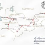 Comprehensive 21-day Central Asia 5 Stans tour map routing through Kazakhstan, Kyrgyzstan, Uzbekistan, Turkmenistan with Hell's Gat Derweze, and Tajikistan along the historical Silk Road.