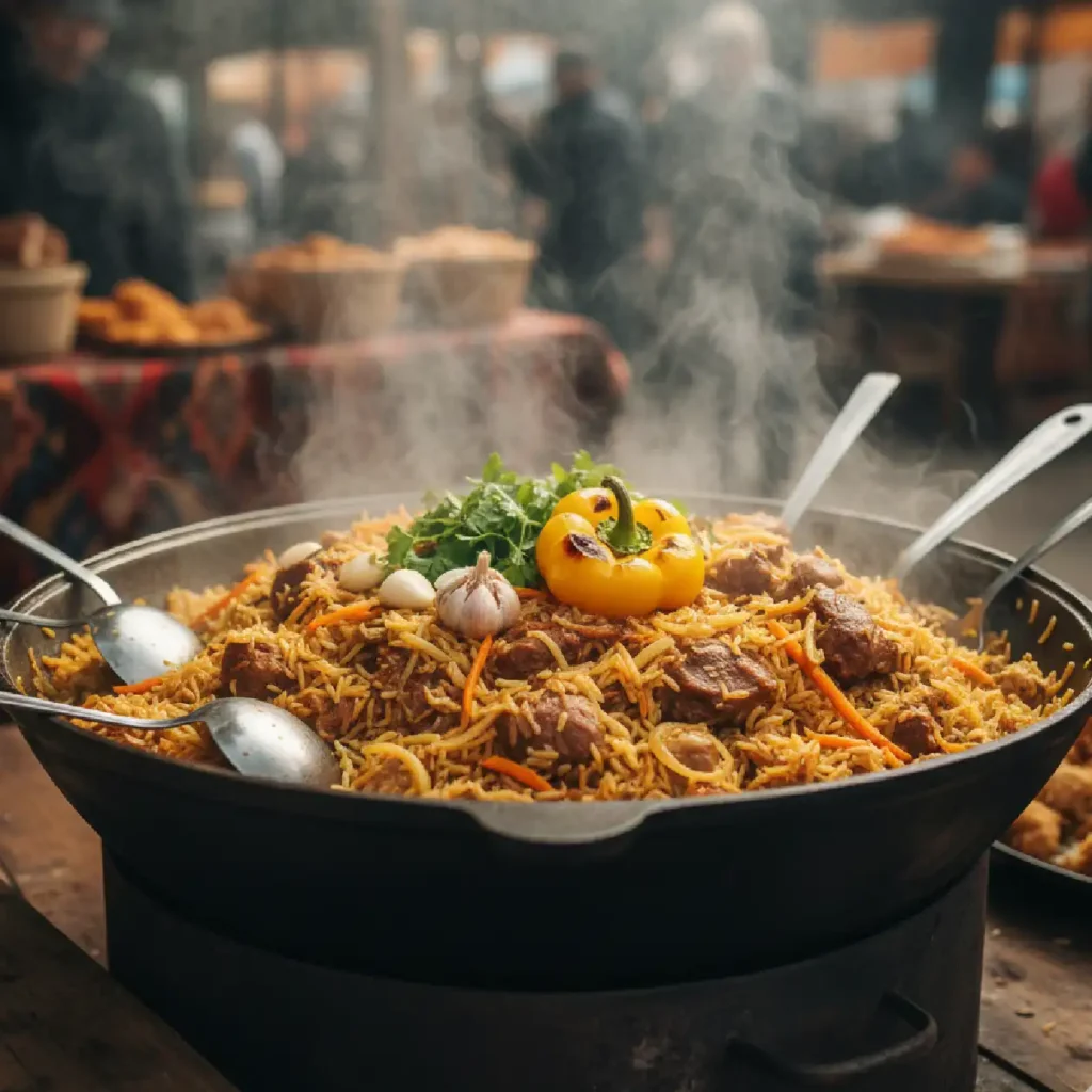 Plov Uzbek masterpiece of rice, lamb meat, carrots, and onions.