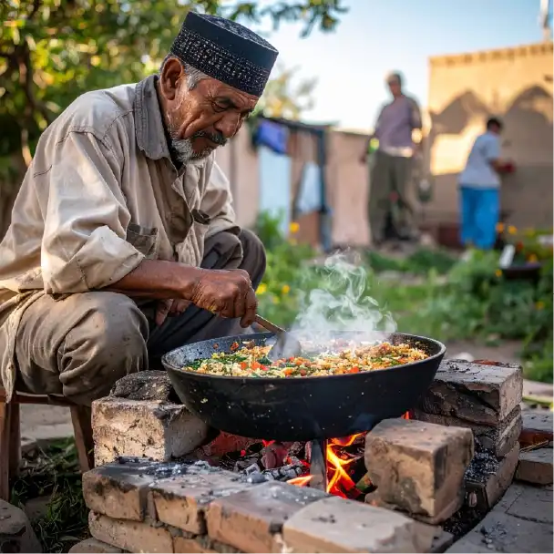 Plov prepared by a man in the backyard Uzbekistan