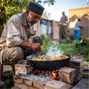 Plov prepared by a man in the backyard Uzbekistan - East Site Travel@0.5x