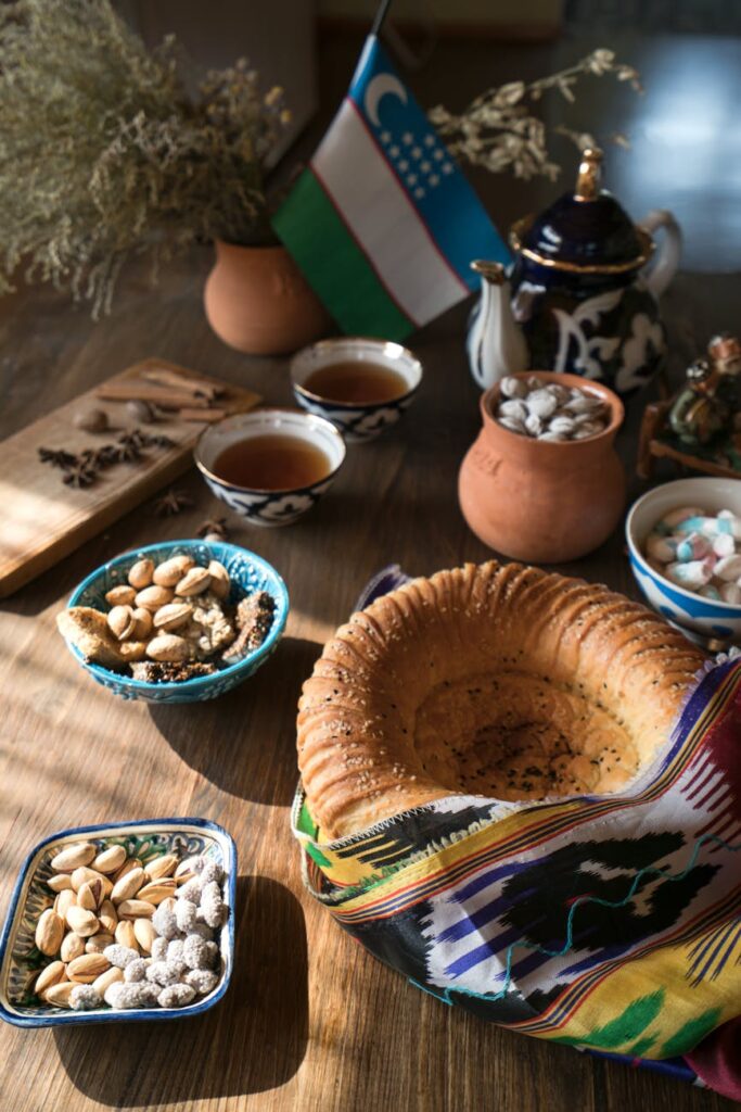 non bread, Uzbek cuising - cake and nuts in bowls on a kitchen counter