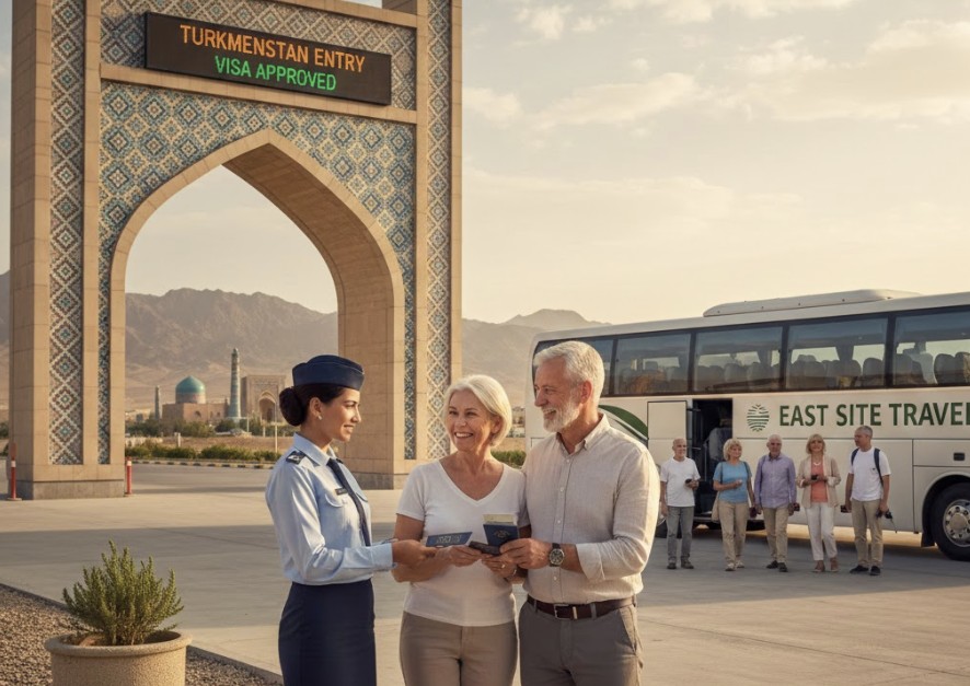 Senior travelers entering Turkmenistan with professional visa assistance from East Site Travel