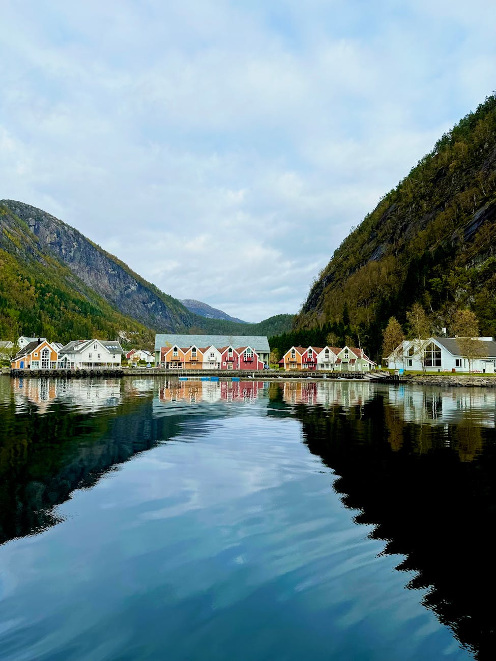 scenic reflection of coastal houses in fjord