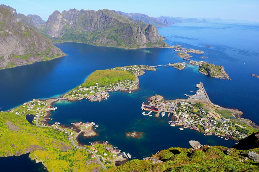 aerial view of coastal village in lofoten islands