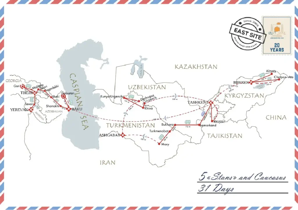 Comprehensive 31-day Silk Road tour map outlining the combined 5 Stans and Caucasus itinerary across Kazakhstan, Kyrgyzstan, Uzbekistan, Turkmenistan, Tajikistan, Azerbaijan, Georgia, and Armenia.