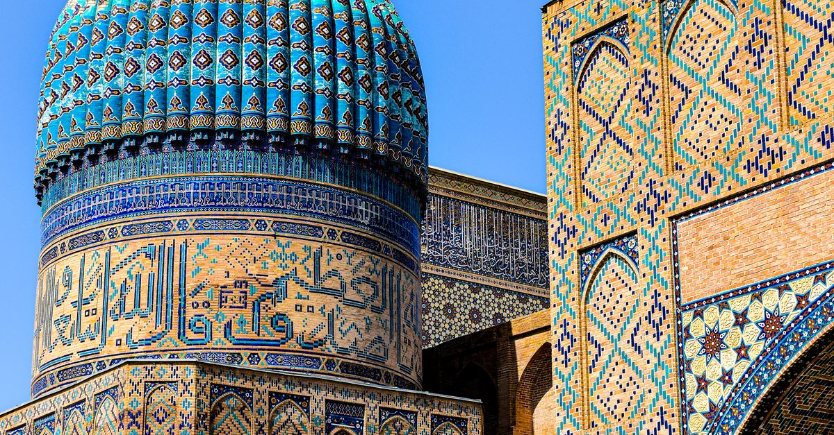 Intricate Islamic architecture and mosaic tiles at Bibi-Khanym Mosque in Samarkand