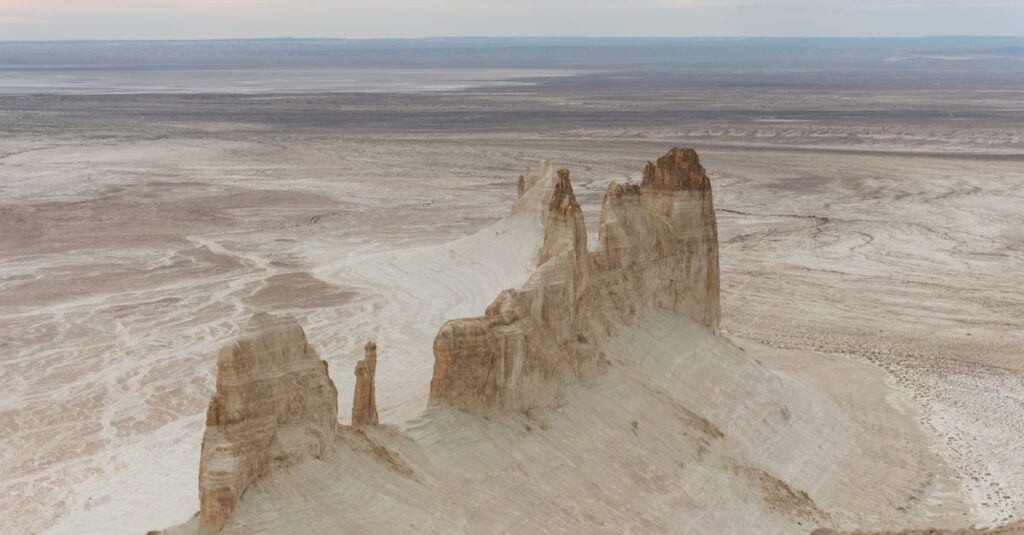 Eroded rock formations in the Bozzhyra Gorge, Mangystau region, Kazakhstan