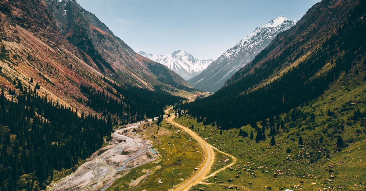 A winding mountain road through Jety-Oguz Valley in Kyrgyzstan
