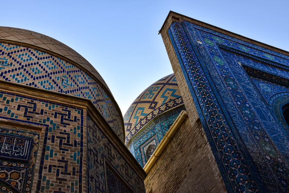Intricate blue mosaic walls at Shah-i-Zinda in Uzbekistan