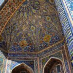 Ornate tilework and Islamic architecture of Registan Square in Samarkand, Uzbekistan