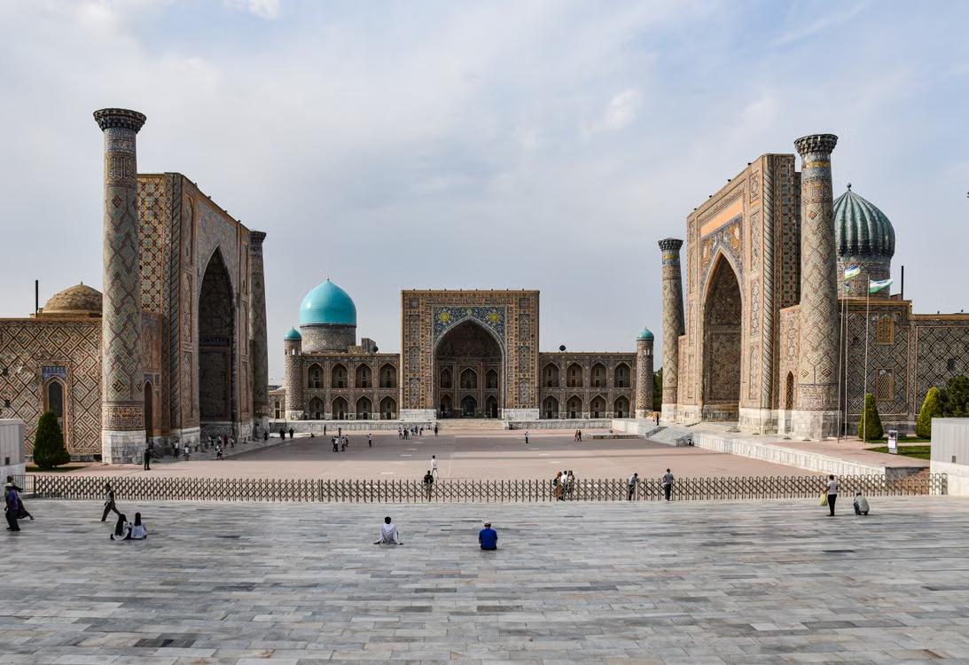 View of Registan Square in Samarkand with its historic Islamic architecture