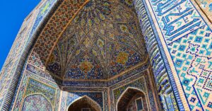 Ornate tilework and Islamic architecture of Registan Square in Samarkand