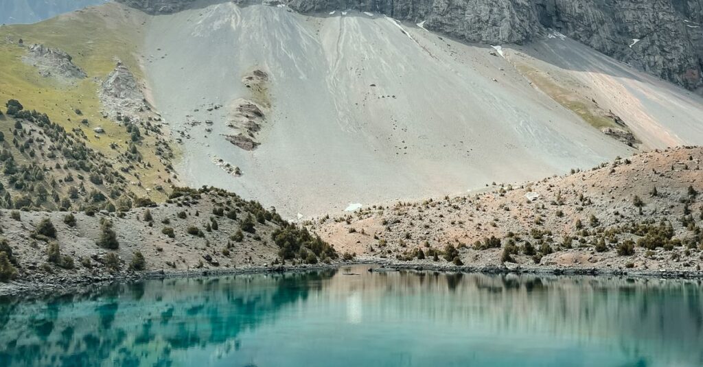 Pristine alpine lake reflecting mountains in Sughd Province, Tajikistan