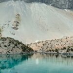 Pristine alpine lake reflecting mountains in Sughd Province, Tajikistan