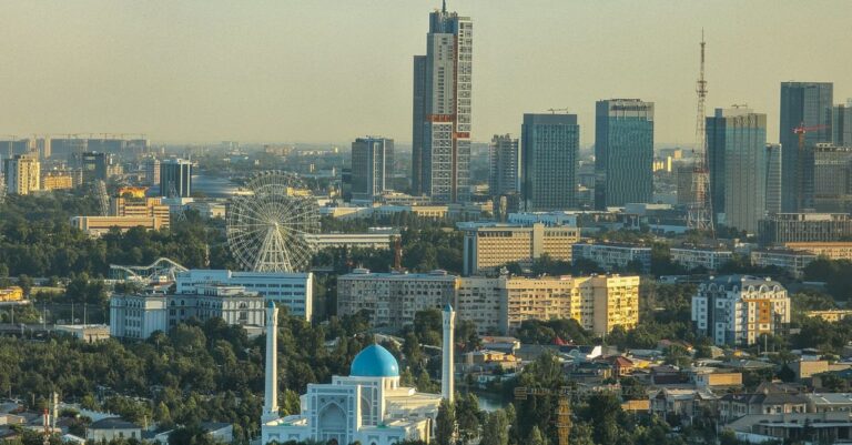 Aerial daytime view of Tashkent skyline featuring modern buildings and historic architecture