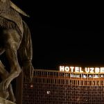 A striking view of a monument near Hotel Uzbekistan in Tashkent at night