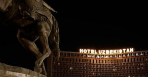 A striking view of a monument near Hotel Uzbekistan in Tashkent at night