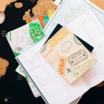 A flat lay of travel planning items including a passport, compass, and notebook