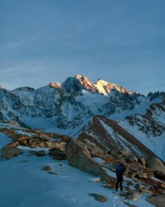 Snow-capped mountains and hiking trail near Almaty, Kazakhstan
