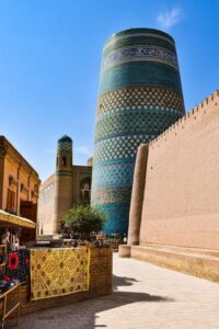 Kalta Minor Minaret in Khiva, Uzbekistan under a clear summer sky